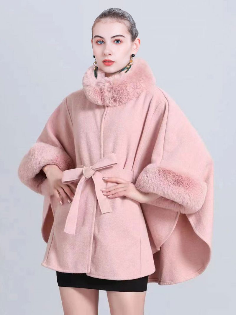 Dam Poncho Hög Krage Ljusgrå Oversized Fuskpäls Cape - Rosa