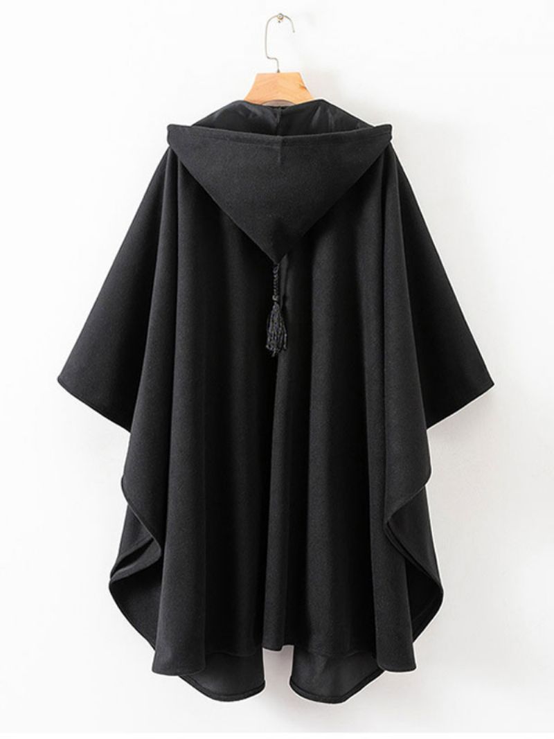 Dam Poncho Hooded Black Oversized Tofsar Cape - Svart