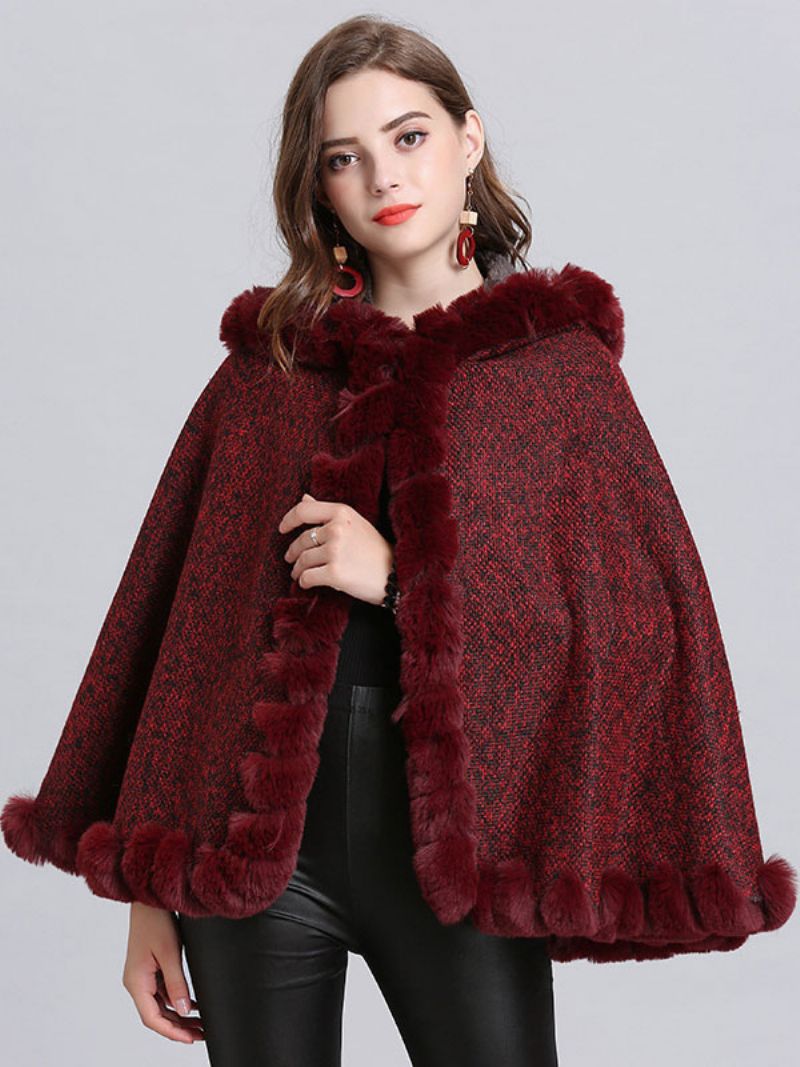 Dam Poncho Hooded Burgundy Cape Coat Vinter Ytterkläder