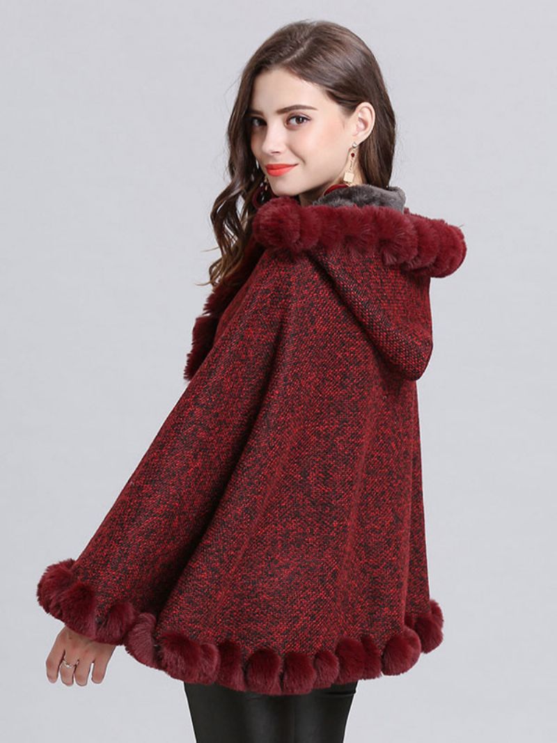 Dam Poncho Hooded Burgundy Cape Coat Vinter Ytterkläder - Vröd