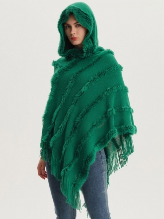 Dam Poncho Hooded Grön Oversized Fringe Cape