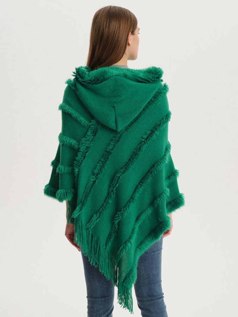 Dam Poncho Hooded Grön Oversized Fringe Cape - Grön