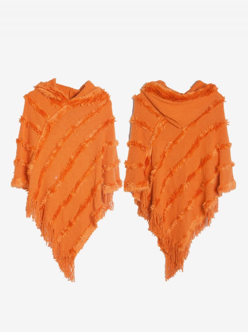 Dam Poncho Hooded Grön Oversized Fringe Cape - Orange