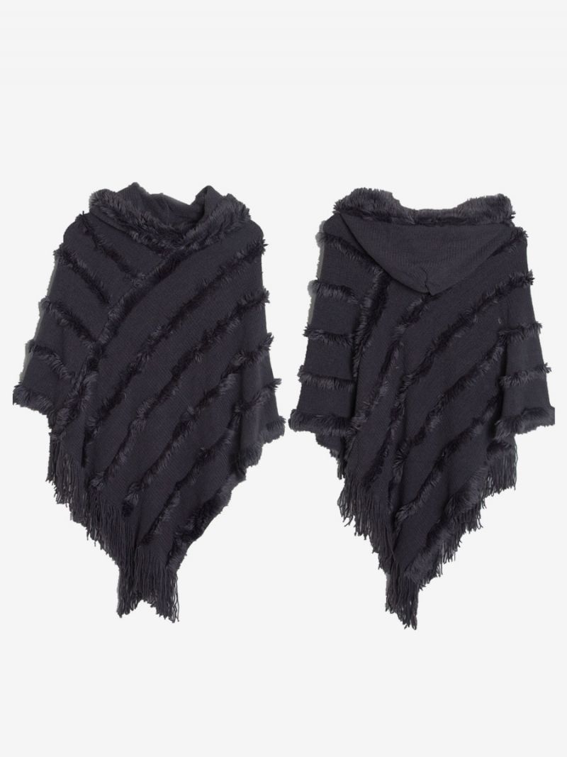 Dam Poncho Hooded Grön Oversized Fringe Cape - Grå