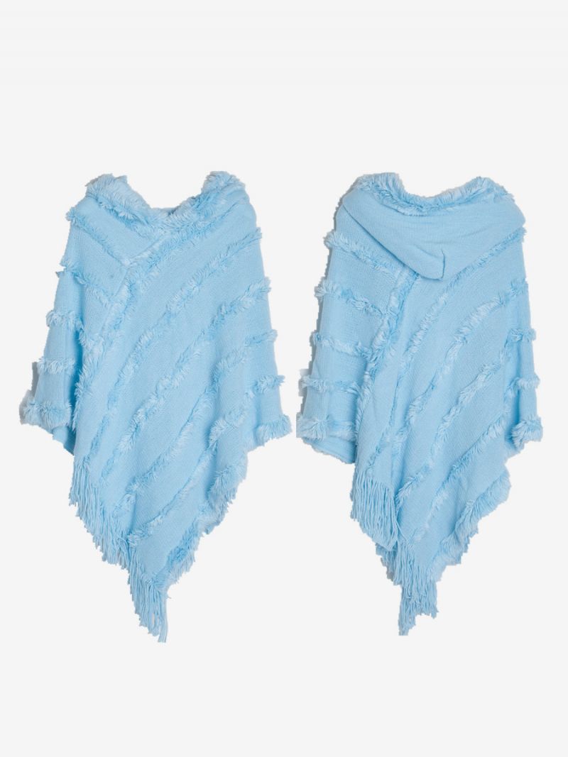 Dam Poncho Hooded Grön Oversized Fringe Cape - Ljus Himmelsblå