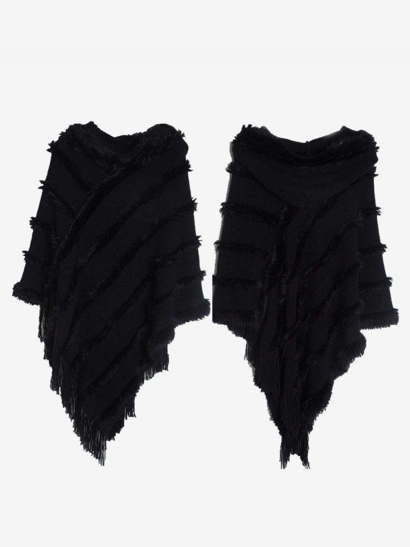 Dam Poncho Hooded Grön Oversized Fringe Cape - Svart