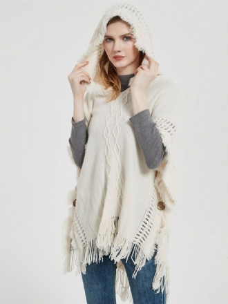 Dam Poncho Hooded Hallow Fringe Trim Oversized Knit Cape