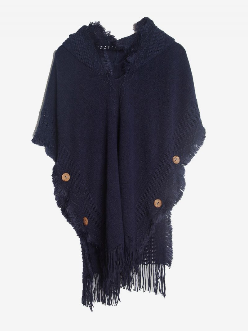 Dam Poncho Hooded Hallow Fringe Trim Oversized Knit Cape - Mörk Marinblå