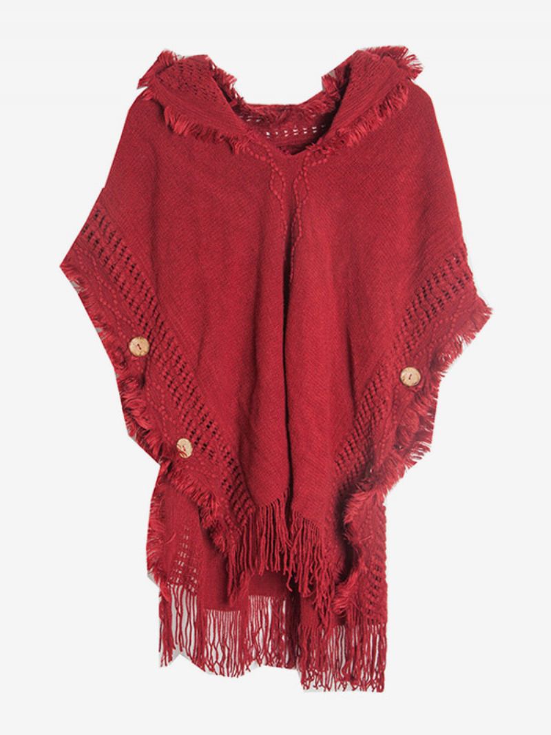 Dam Poncho Hooded Hallow Fringe Trim Oversized Knit Cape - Röd