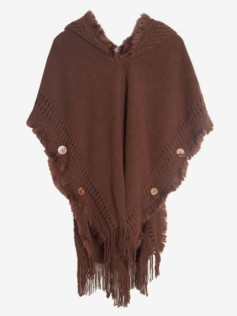 Dam Poncho Hooded Hallow Fringe Trim Oversized Knit Cape - Kaffebrun