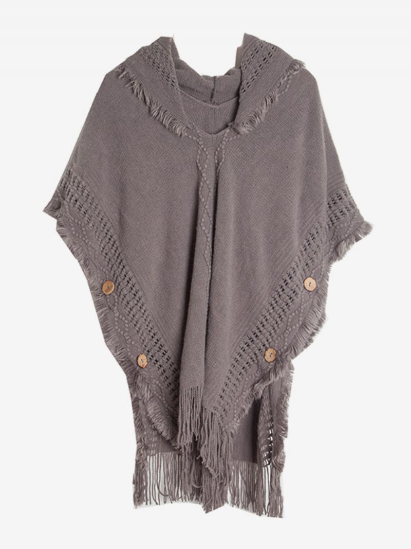 Dam Poncho Hooded Hallow Fringe Trim Oversized Knit Cape - Grå