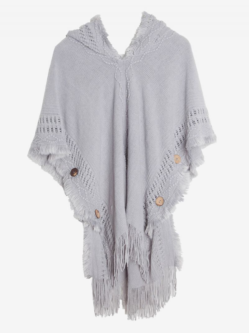 Dam Poncho Hooded Hallow Fringe Trim Oversized Knit Cape - Ljusgrå