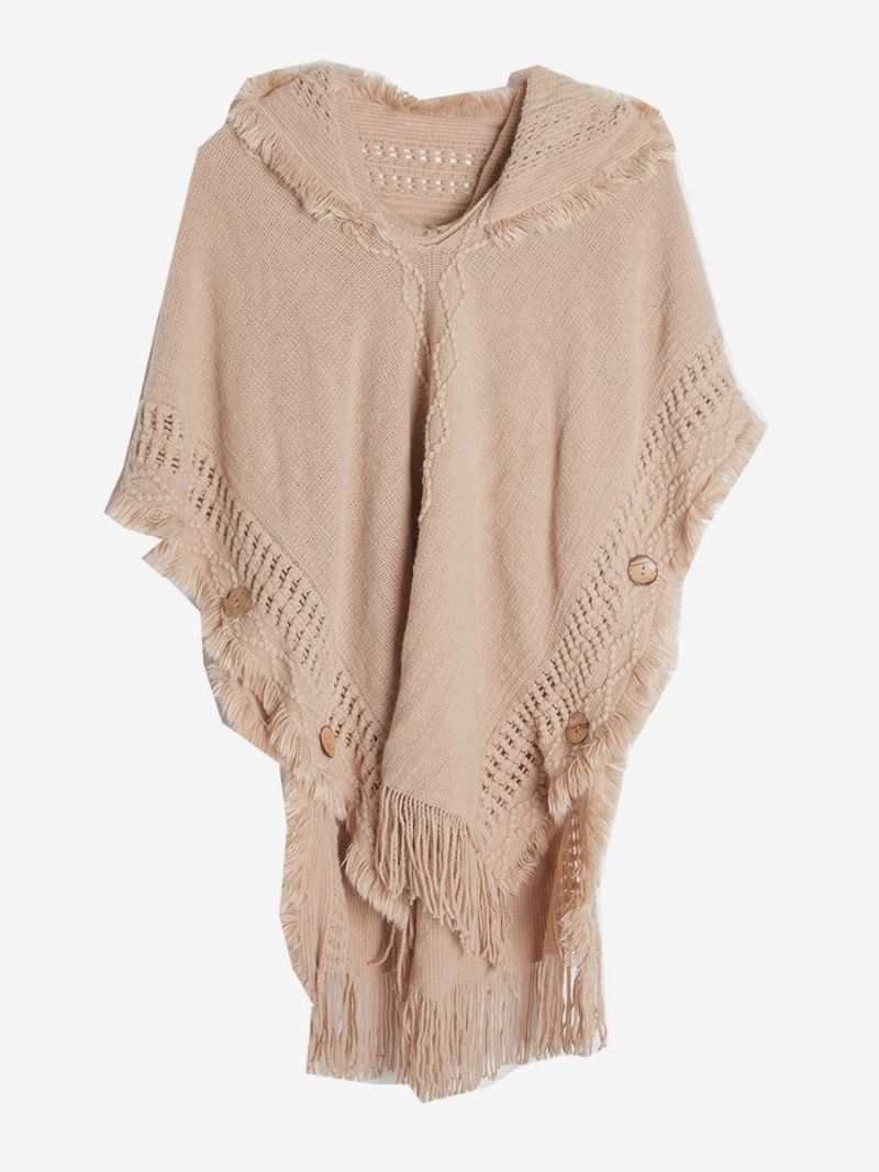 Dam Poncho Hooded Hallow Fringe Trim Oversized Knit Cape - Kamel