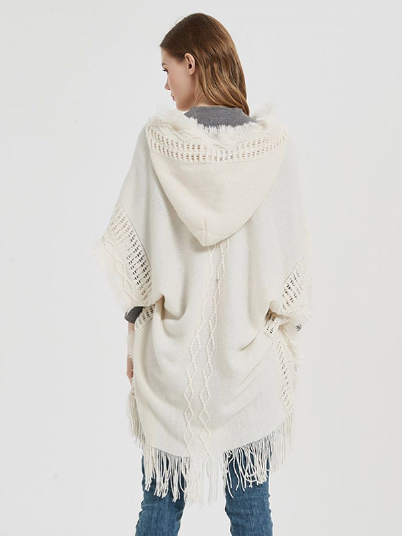 Dam Poncho Hooded Hallow Fringe Trim Oversized Knit Cape - Beige