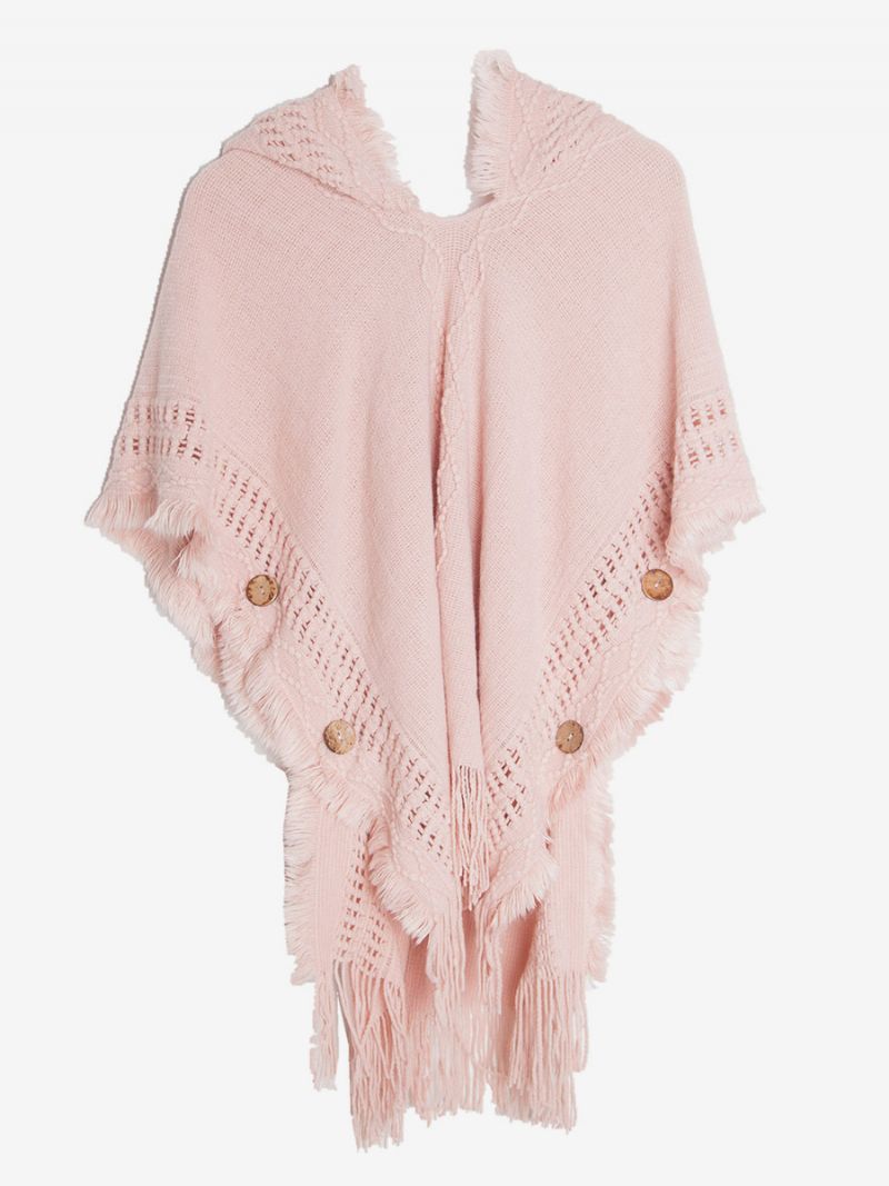 Dam Poncho Hooded Hallow Fringe Trim Oversized Knit Cape - Rosa