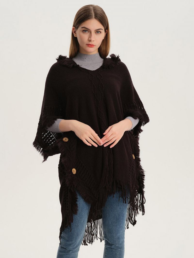 Dam Poncho Hooded Hallow Fringe Trim Oversized Knit Cape - Svart