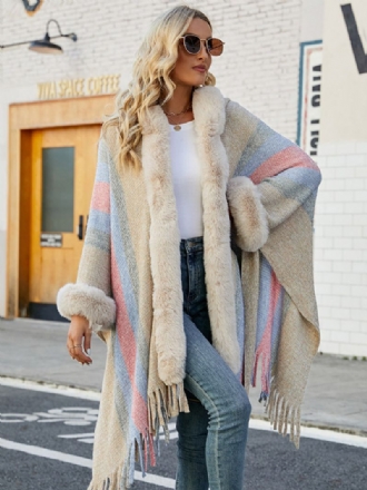 Dam Poncho Hooded Stripes Tofs Trim Oversized Höst Vinter Cape