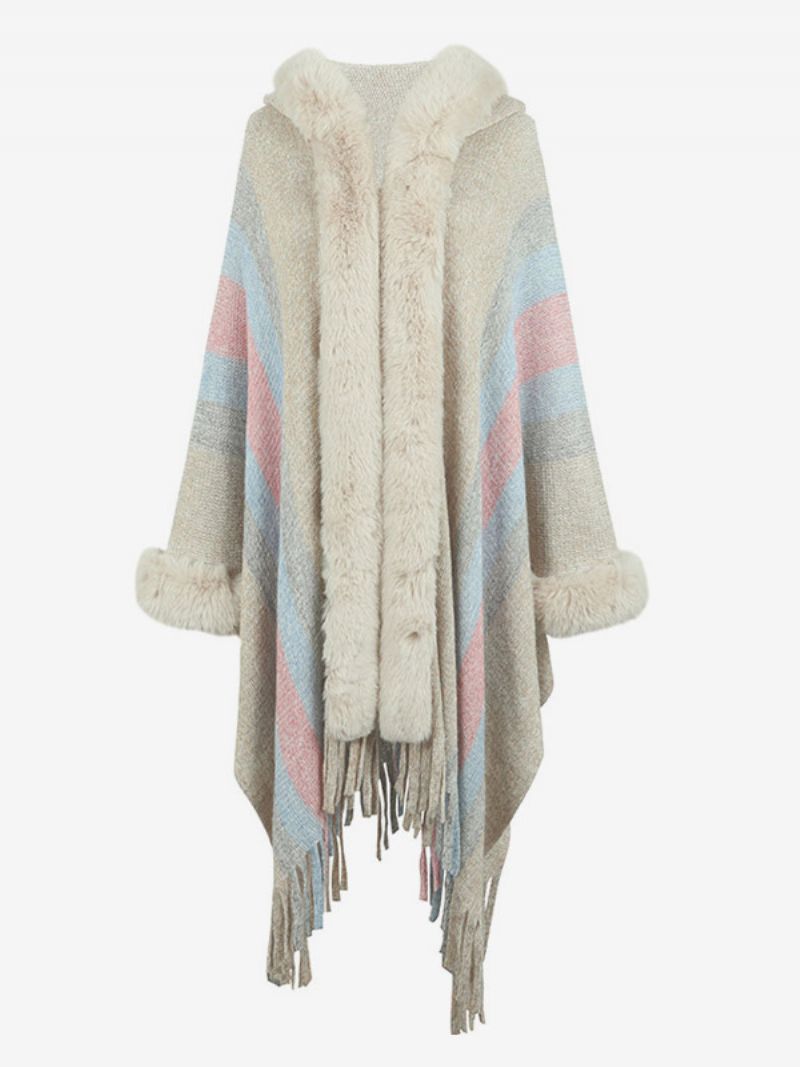 Dam Poncho Hooded Stripes Tofs Trim Oversized Höst Vinter Cape - Ljusgul