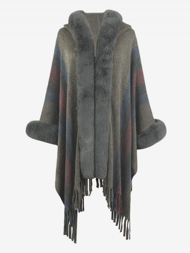 Dam Poncho Hooded Stripes Tofs Trim Oversized Höst Vinter Cape - Grå