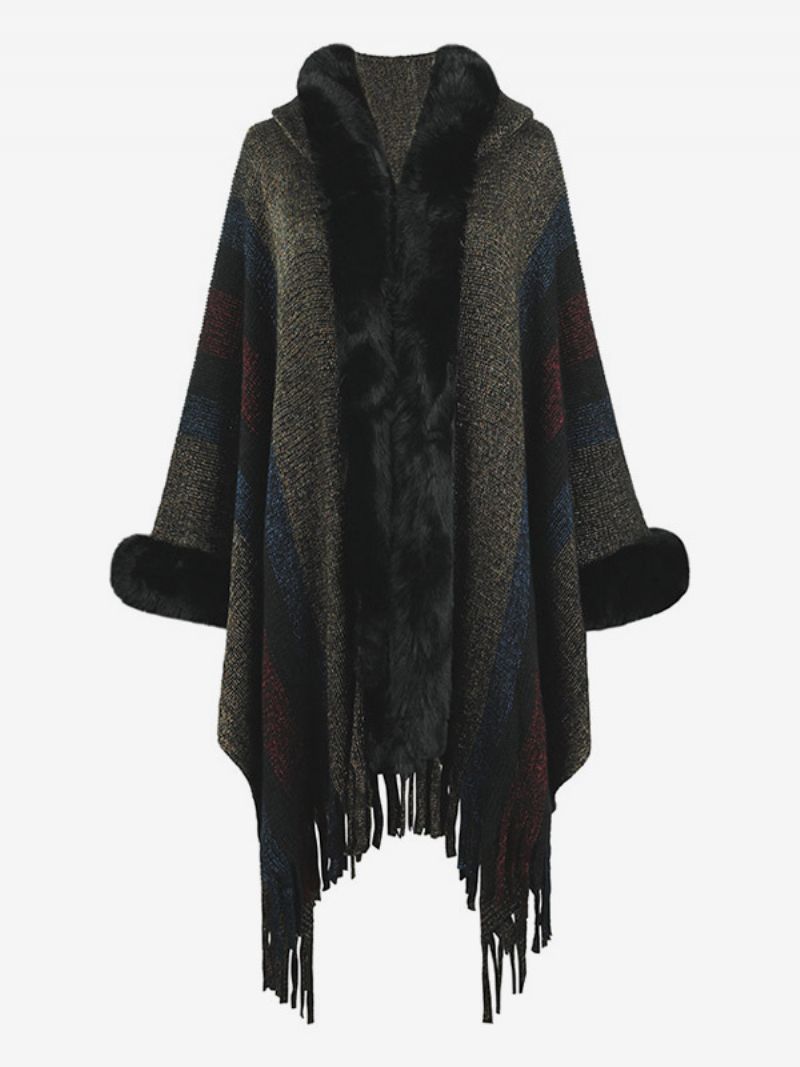 Dam Poncho Hooded Stripes Tofs Trim Oversized Höst Vinter Cape - Svart