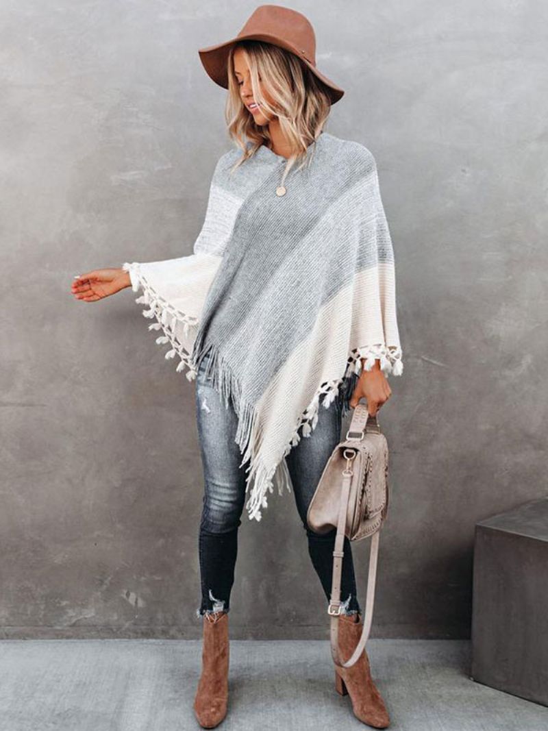 Dam Poncho V-ringad Grå Layered Fringe Cape Spring Ytterkläder