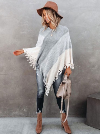 Dam Poncho V-ringad Grå Layered Fringe Cape Spring Ytterkläder