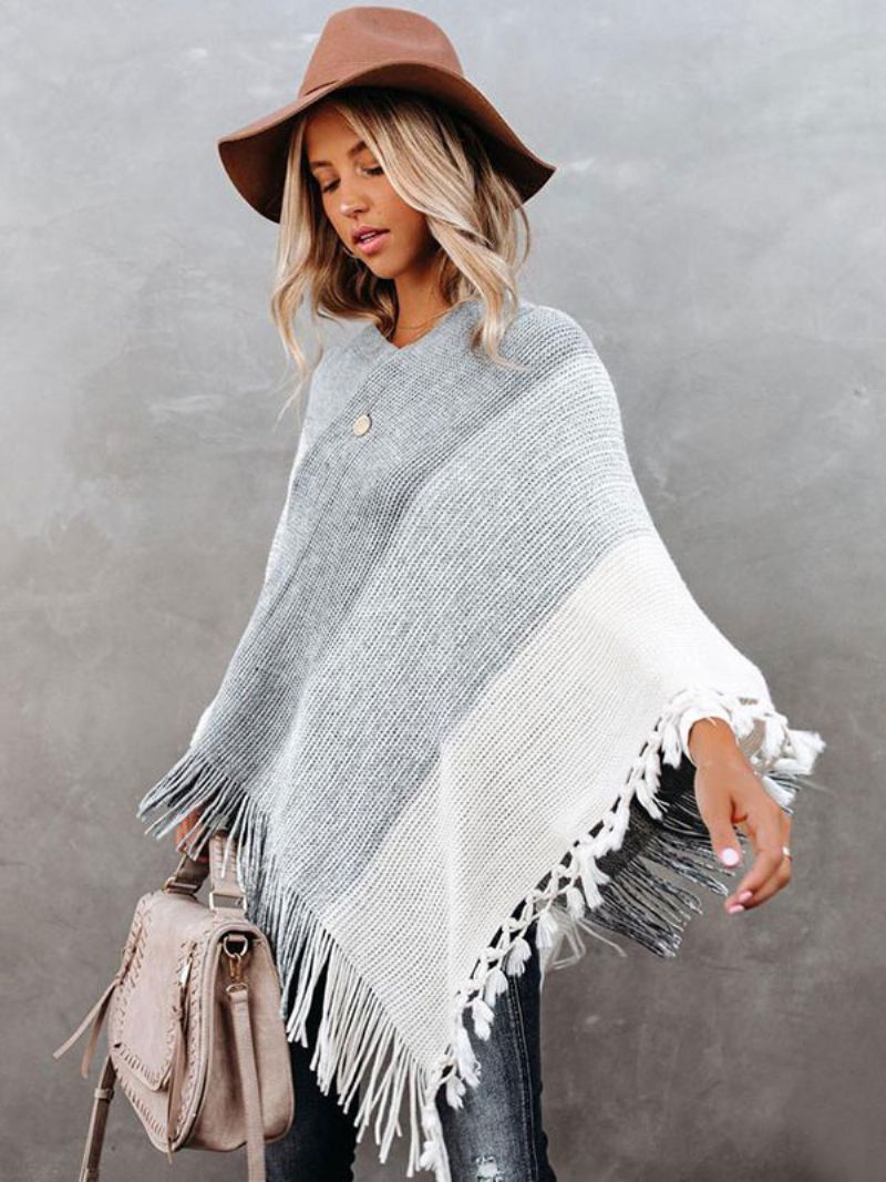 Dam Poncho V-ringad Grå Layered Fringe Cape Spring Ytterkläder - Grå