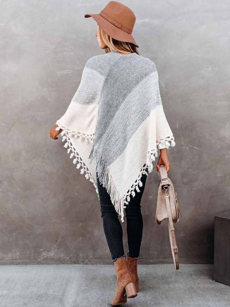 Dam Poncho V-ringad Grå Layered Fringe Cape Spring Ytterkläder - Grå