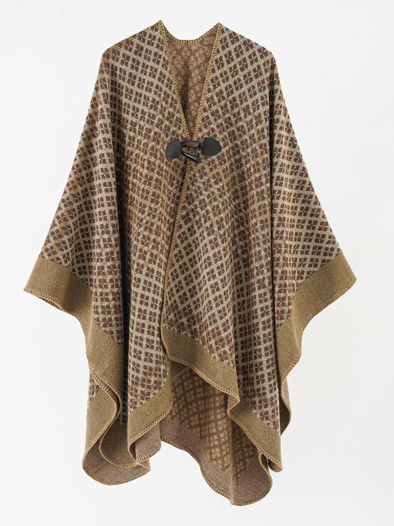 Damtryckt Cape Toggle Closure Daily Casual Poncho - Kaffebrun