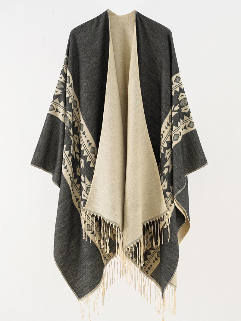 Damtryckt Poncho Daily Casual Cape Med Fransar