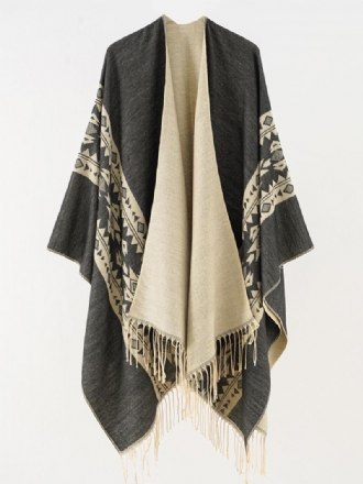 Damtryckt Poncho Daily Casual Cape Med Fransar