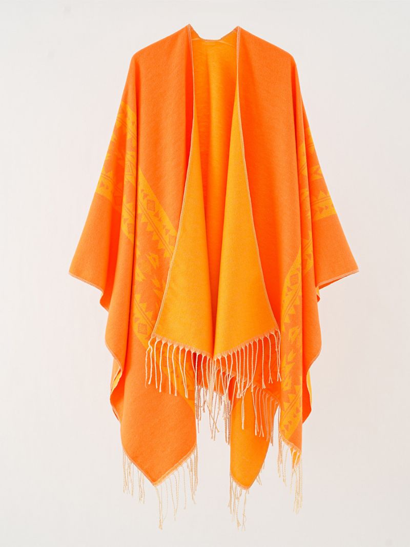 Damtryckt Poncho Daily Casual Cape Med Fransar - Orange