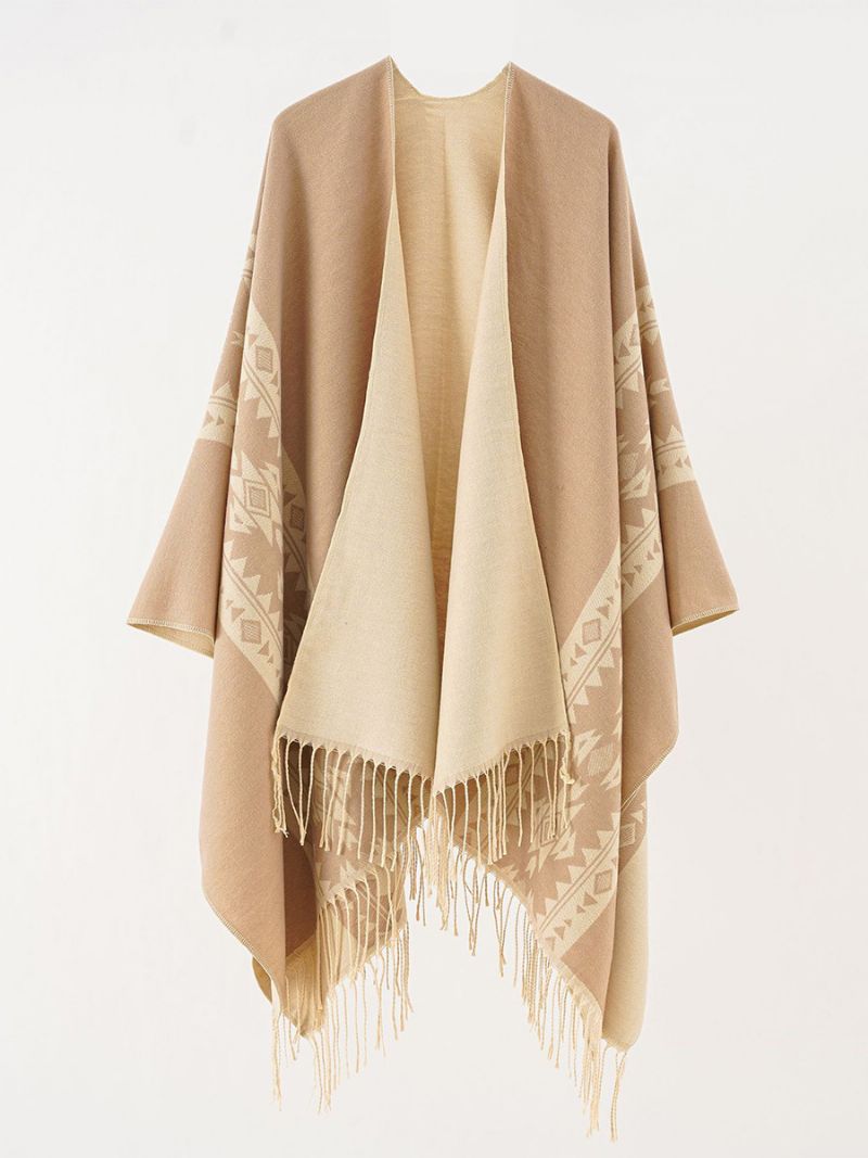 Damtryckt Poncho Daily Casual Cape Med Fransar - Khaki