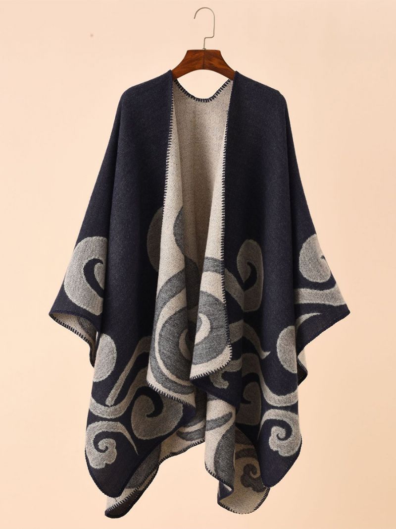 Damtryckt Poncho Daily Casual Chic Cape - Mörk Marinblå