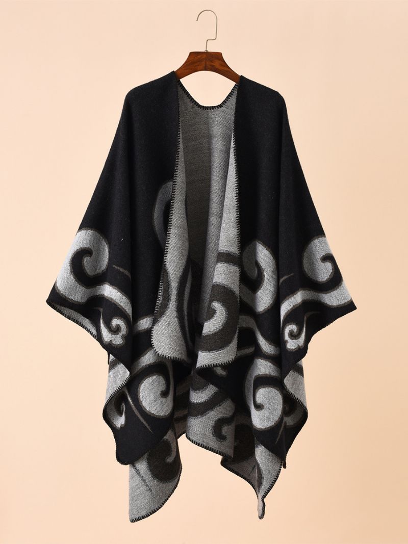 Damtryckt Poncho Daily Casual Chic Cape - Svart