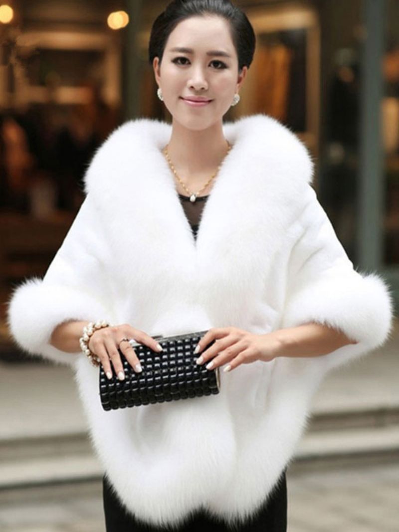 Faux Fur Wrap Sjal Vit Poncho Dam Vinter Cape Coat