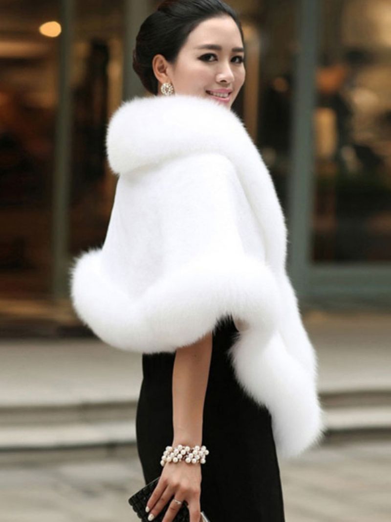 Faux Fur Wrap Sjal Vit Poncho Dam Vinter Cape Coat - Vit