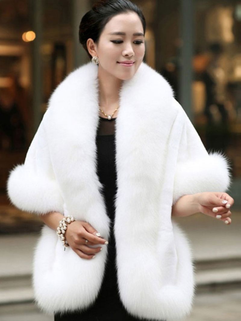 Faux Fur Wrap Sjal Vit Poncho Dam Vinter Cape Coat - Vit