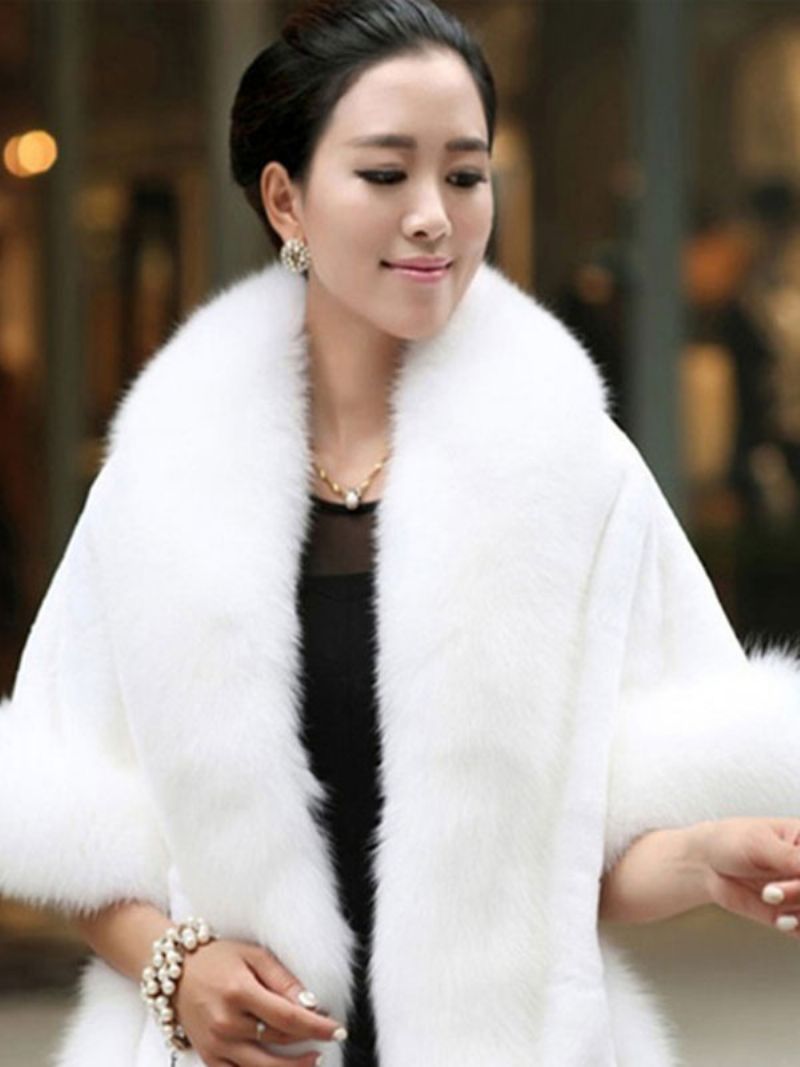 Faux Fur Wrap Sjal Vit Poncho Dam Vinter Cape Coat - Vit