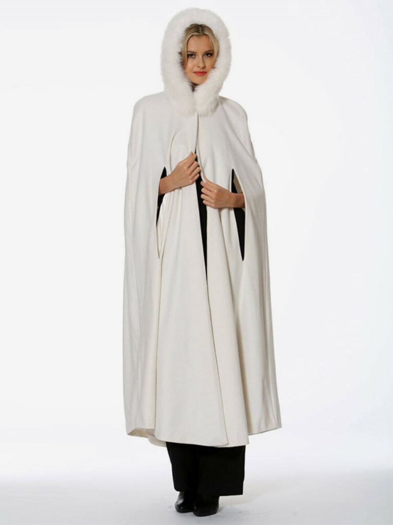 Hooded Poncho Kvinnor Ivory Oversized Faux Fur Cape Ytterkläder - Elfenben