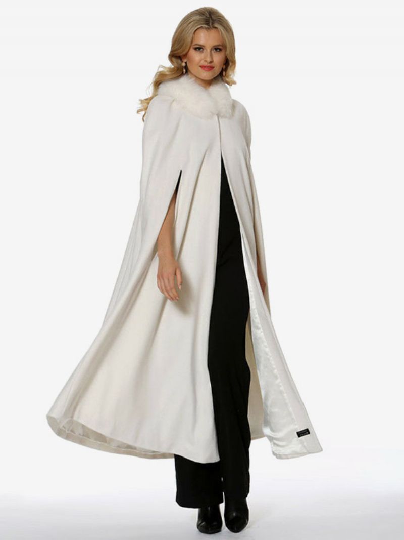 Hooded Poncho Kvinnor Ivory Oversized Faux Fur Cape Ytterkläder - Elfenben