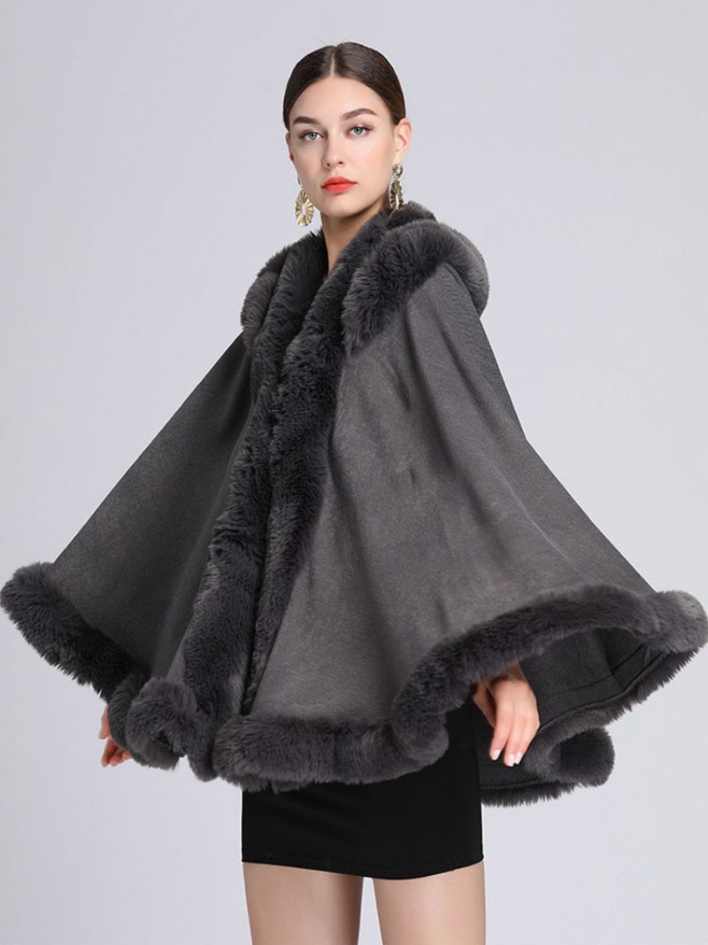 Julkappa Cape Fuskpäls Ponchokappa Med Huva För Kvinnor - Deep Grey