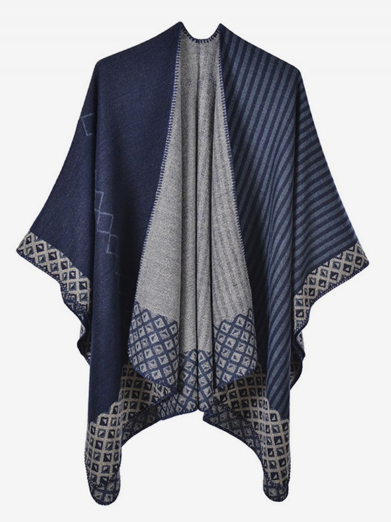 Kvinnor Cape Geometric Color Block Daglig Casual Höst Vinter Poncho - Mörk Marinblå