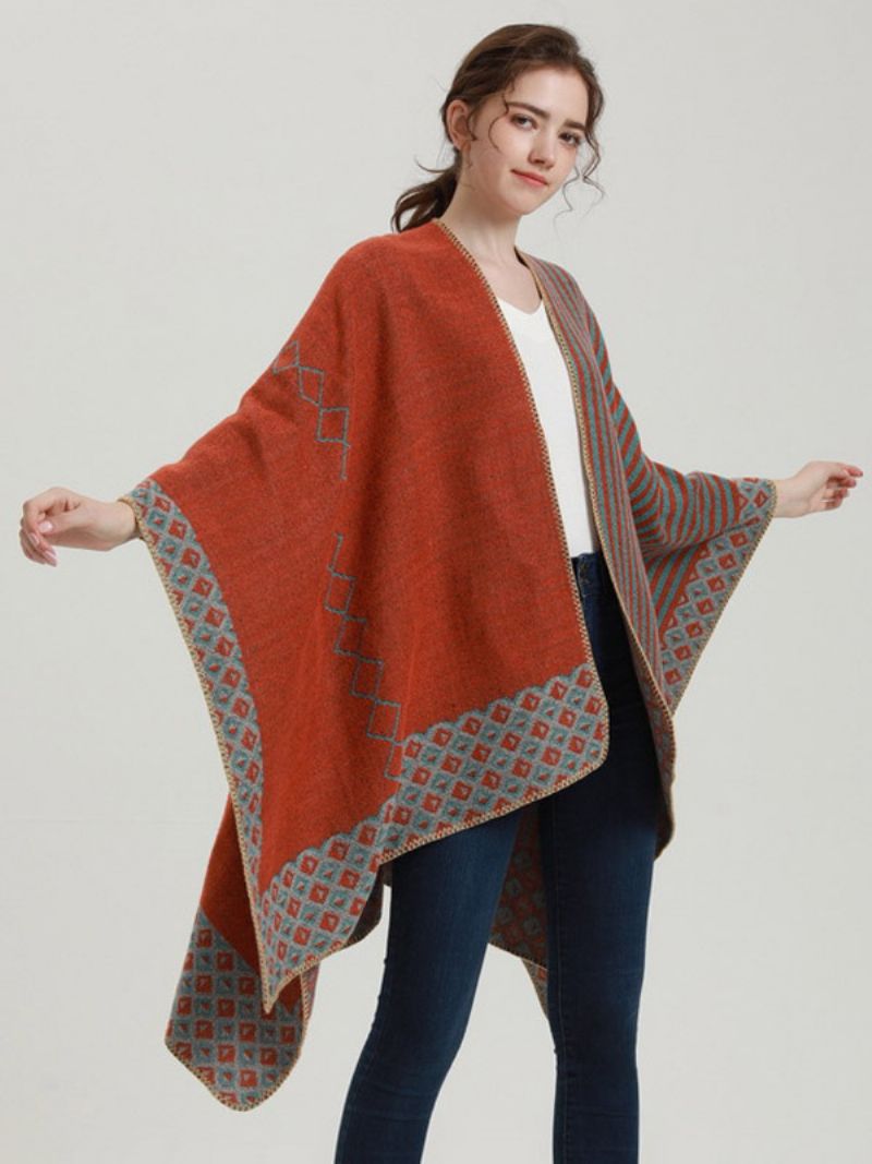 Kvinnor Cape Geometric Color Block Daglig Casual Höst Vinter Poncho - Orange