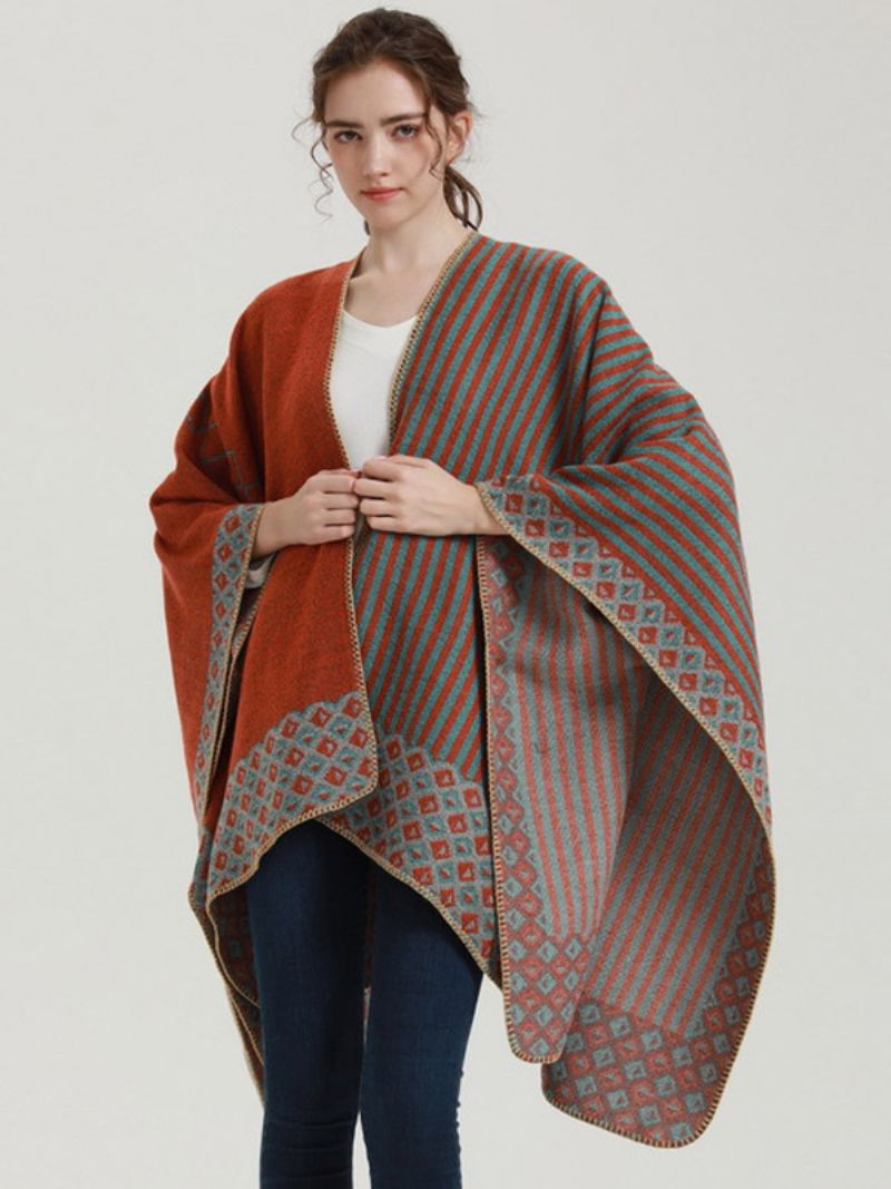 Kvinnor Cape Geometric Color Block Daglig Casual Höst Vinter Poncho - Orange