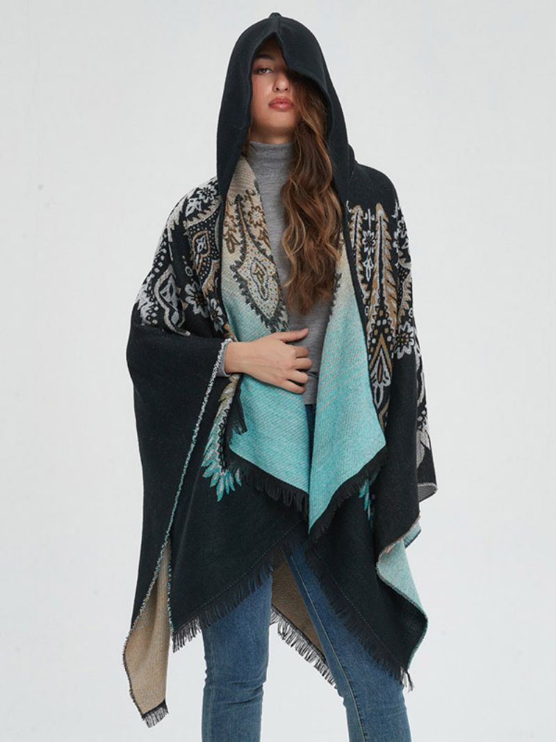 Kvinnor Poncho Tryckt Hooded Röd Oversized Fringe Cape