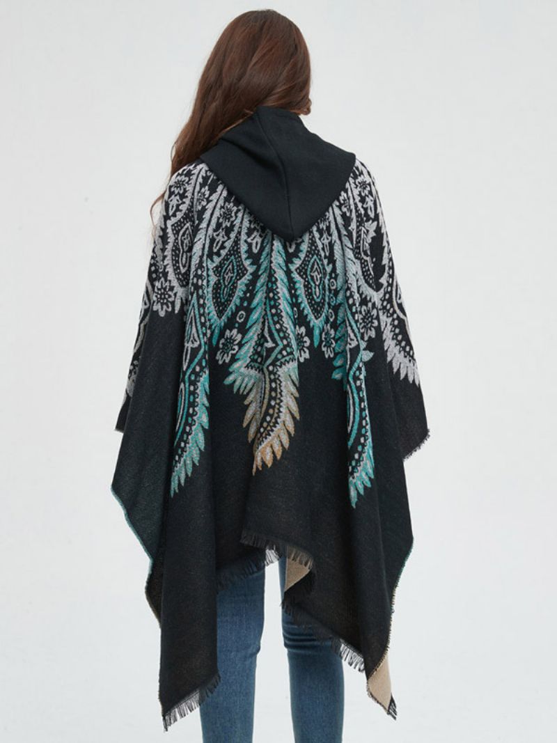 Kvinnor Poncho Tryckt Hooded Röd Oversized Fringe Cape - Svart