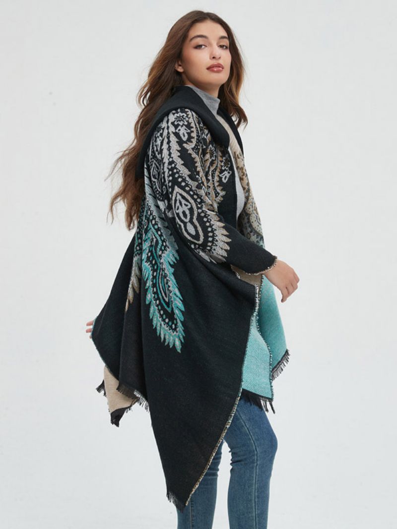 Kvinnor Poncho Tryckt Hooded Röd Oversized Fringe Cape - Svart