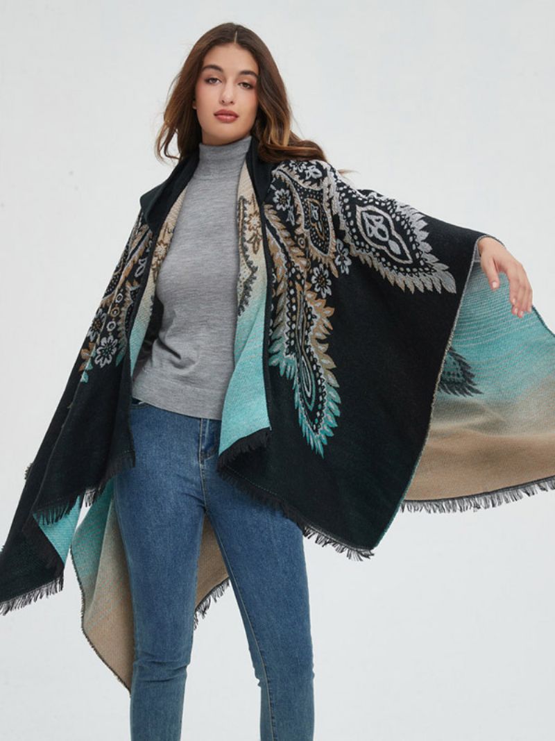 Kvinnor Poncho Tryckt Hooded Röd Oversized Fringe Cape - Svart