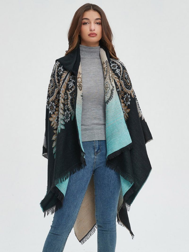 Kvinnor Poncho Tryckt Hooded Röd Oversized Fringe Cape - Svart